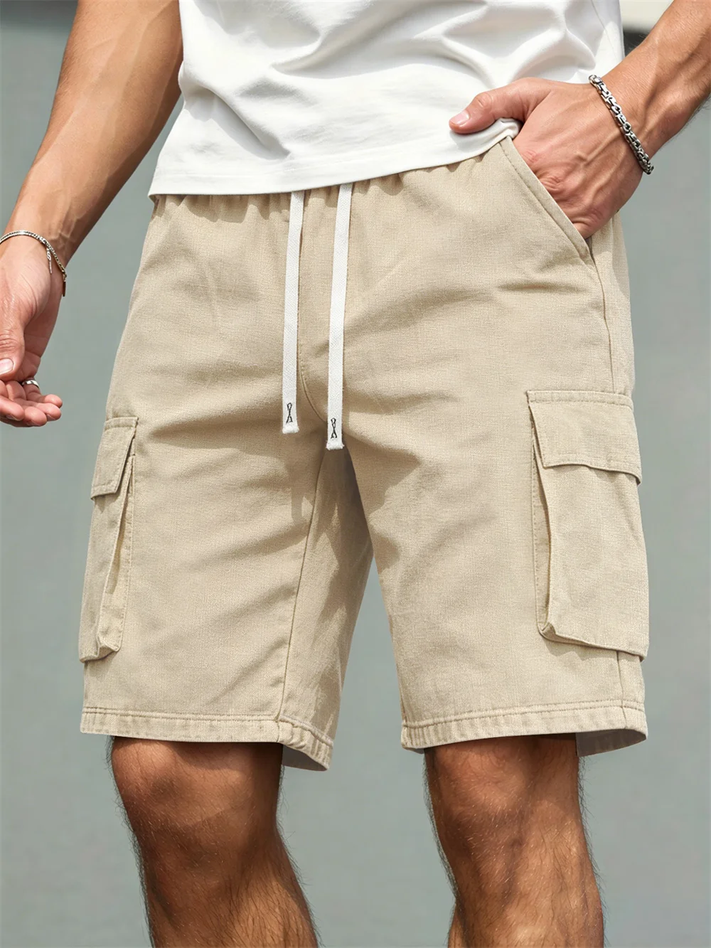2026 Men's loose  straight-leg pants, casual multi-pocket work shorts, high-end men's shorts, drawstring daily work shorts