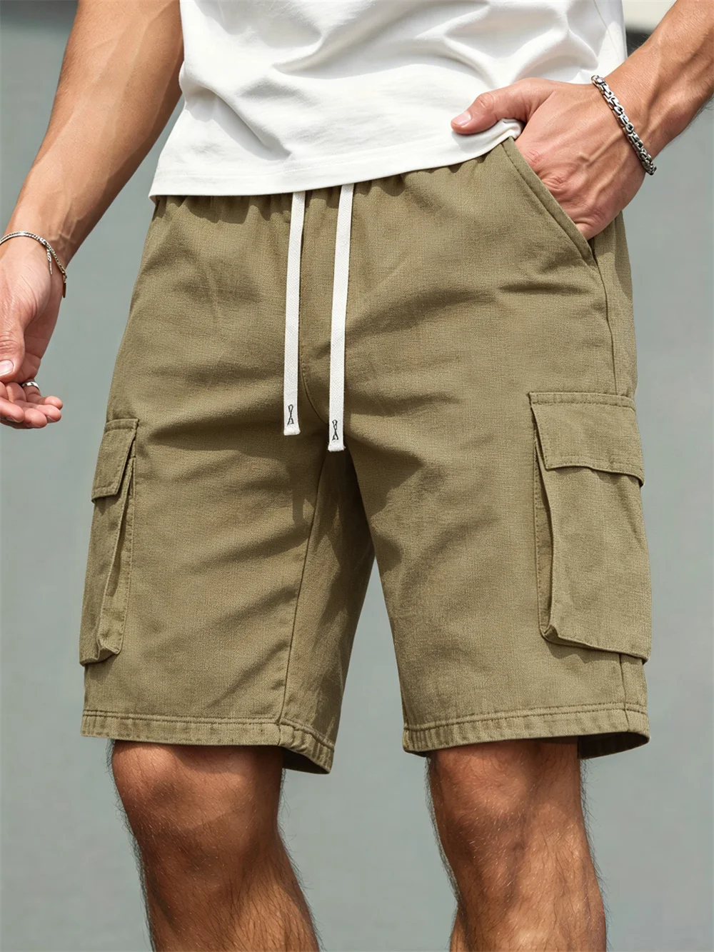 2026 Men's loose  straight-leg pants, casual multi-pocket work shorts, high-end men's shorts, drawstring daily work shorts