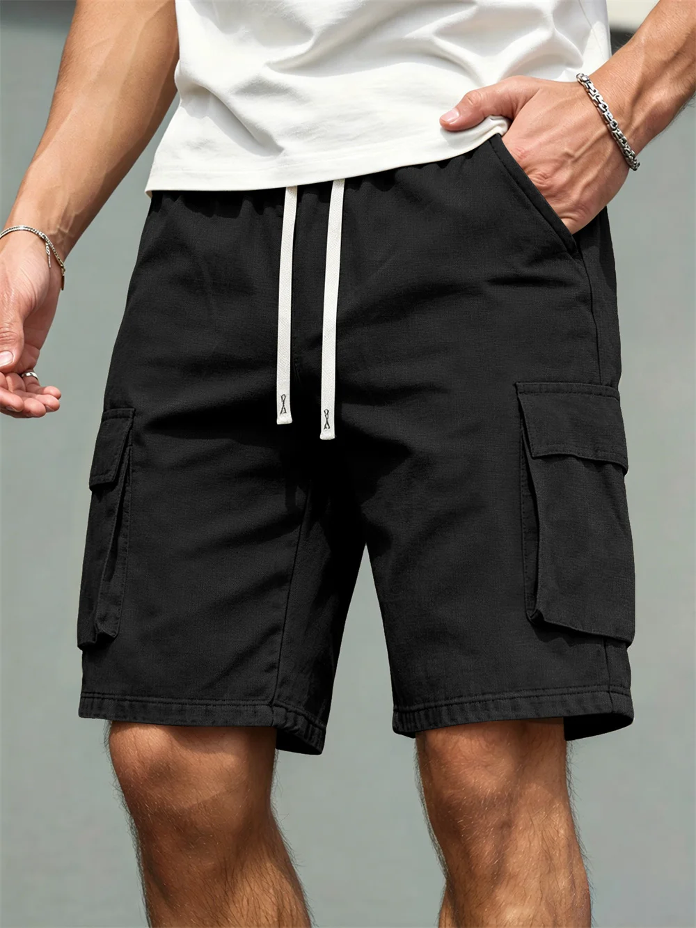 2026 Men's loose  straight-leg pants, casual multi-pocket work shorts, high-end men's shorts, drawstring daily work shorts