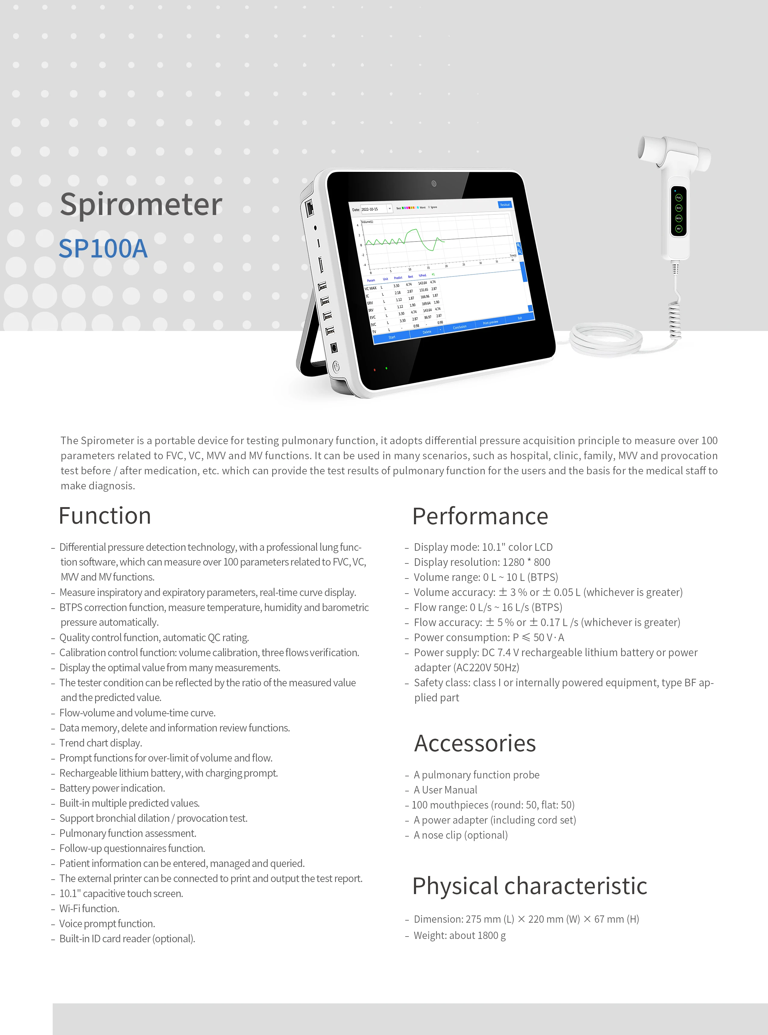 CONTEC SP100A Spirometer Portable Lung Function Testing Medical Device Pulmonary Function Multi-parameter FVC, VC, MVV MV