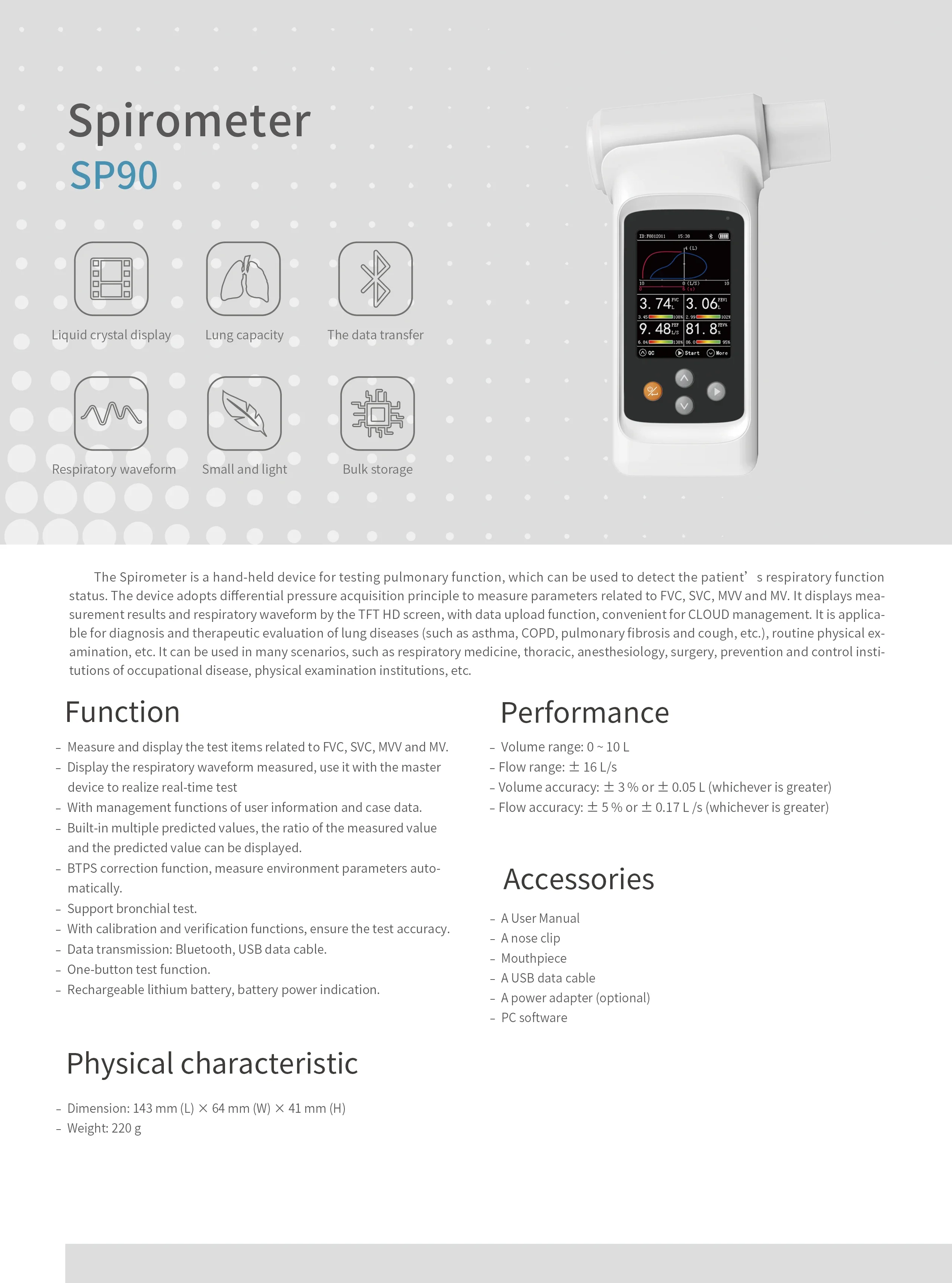 Contec Spirometer SP90 Digital Bluetooth Pulmonary Function Tester Respiratory Status FVC MVV MV Multiparameter Espirometer