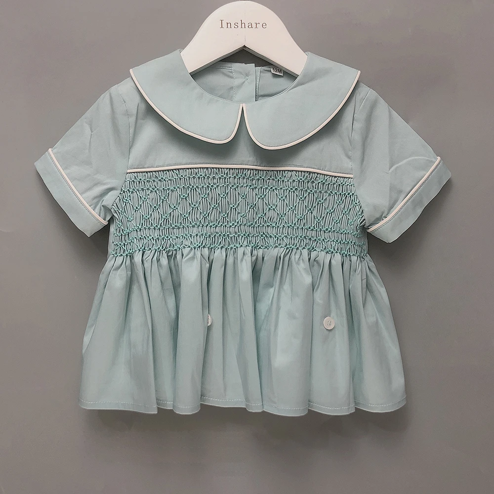 Children Boutique Clothing Boys Handmade Smocked Embroidered Green Set Cotton Linen Short Sleeves BABI Baptismal Clothing Suit
