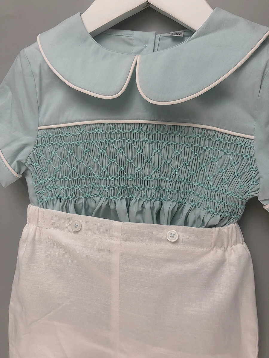 Children Boutique Clothing Boys Handmade Smocked Embroidered Green Set Cotton Linen Short Sleeves BABI Baptismal Clothing Suit