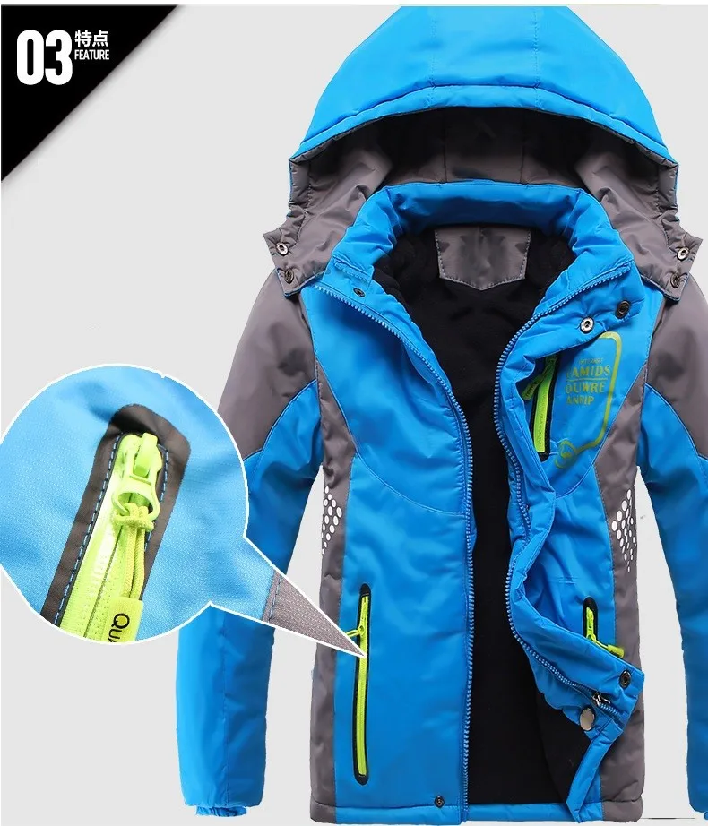 Winter Warm Fleece Padded Thick Child Coat Waterproof Contrast Detachable Hood Zipper Girls Boys Jackets Kids Outfits 3-12 Years