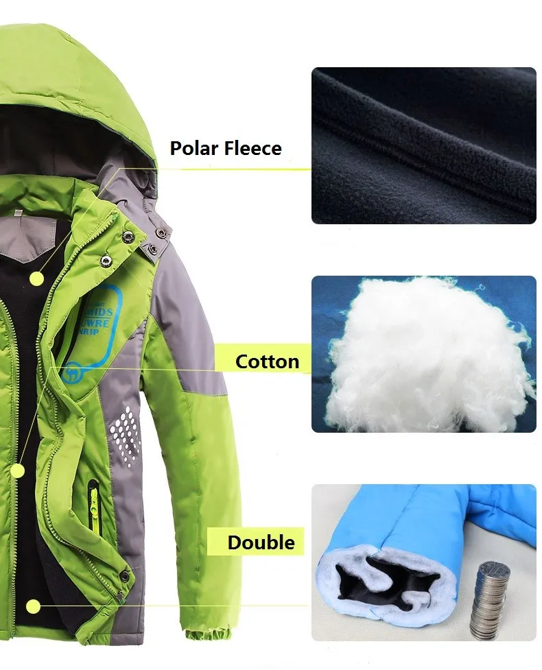 Winter Warm Fleece Padded Thick Child Coat Waterproof Contrast Detachable Hood Zipper Girls Boys Jackets Kids Outfits 3-12 Years