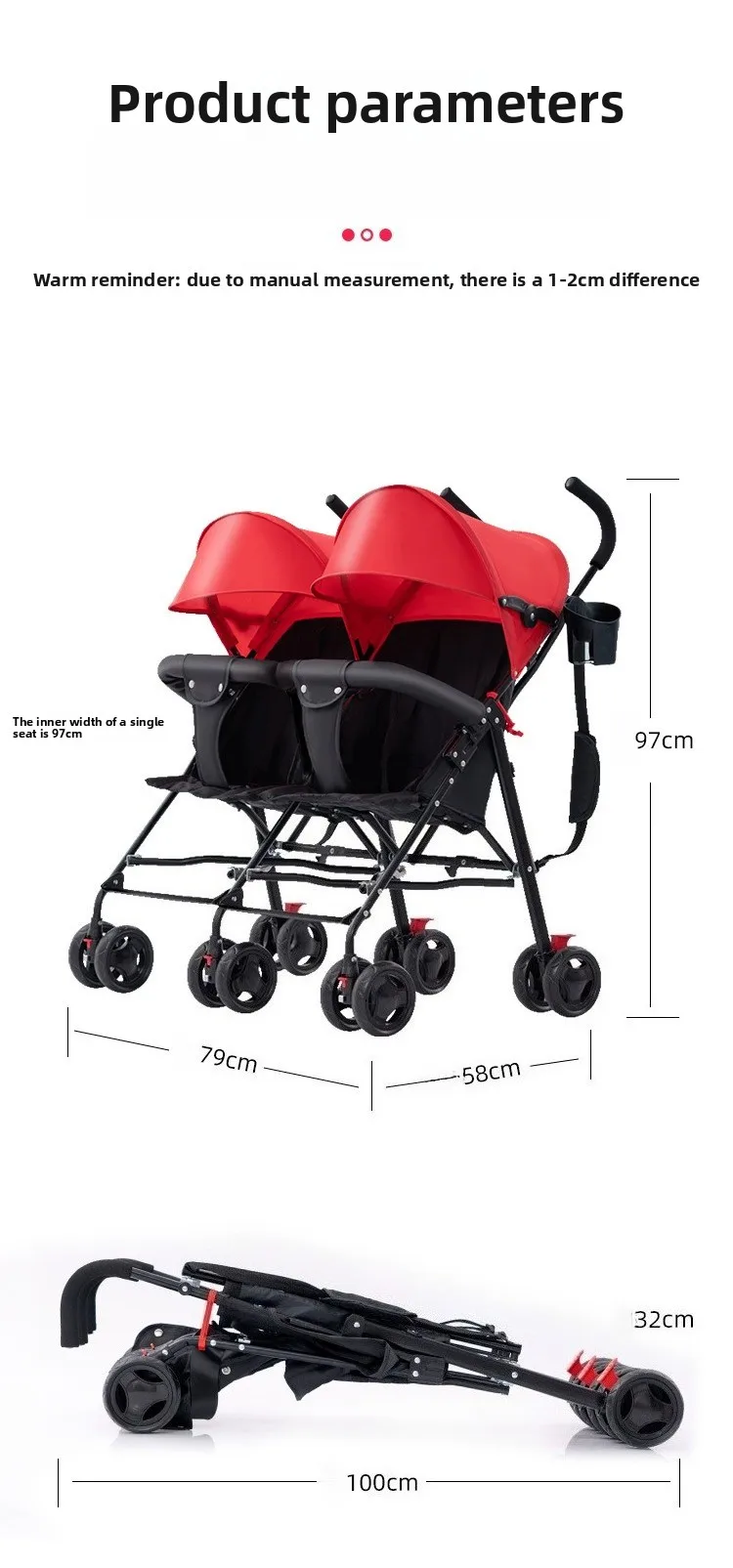 Twin Baby Stroller Lightweight Double Folding Stroller Foldable, Five-point Safety Belt, Safe and Stable