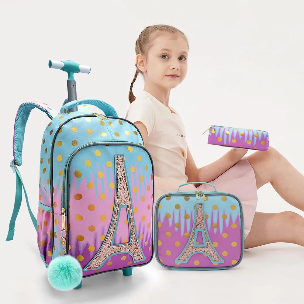 3PCS Rolling Backpack for Girls Kids Wheeled School BookBag With Lunch And Pen Bag Iron Tower Pink Glow-in-the-dark Function