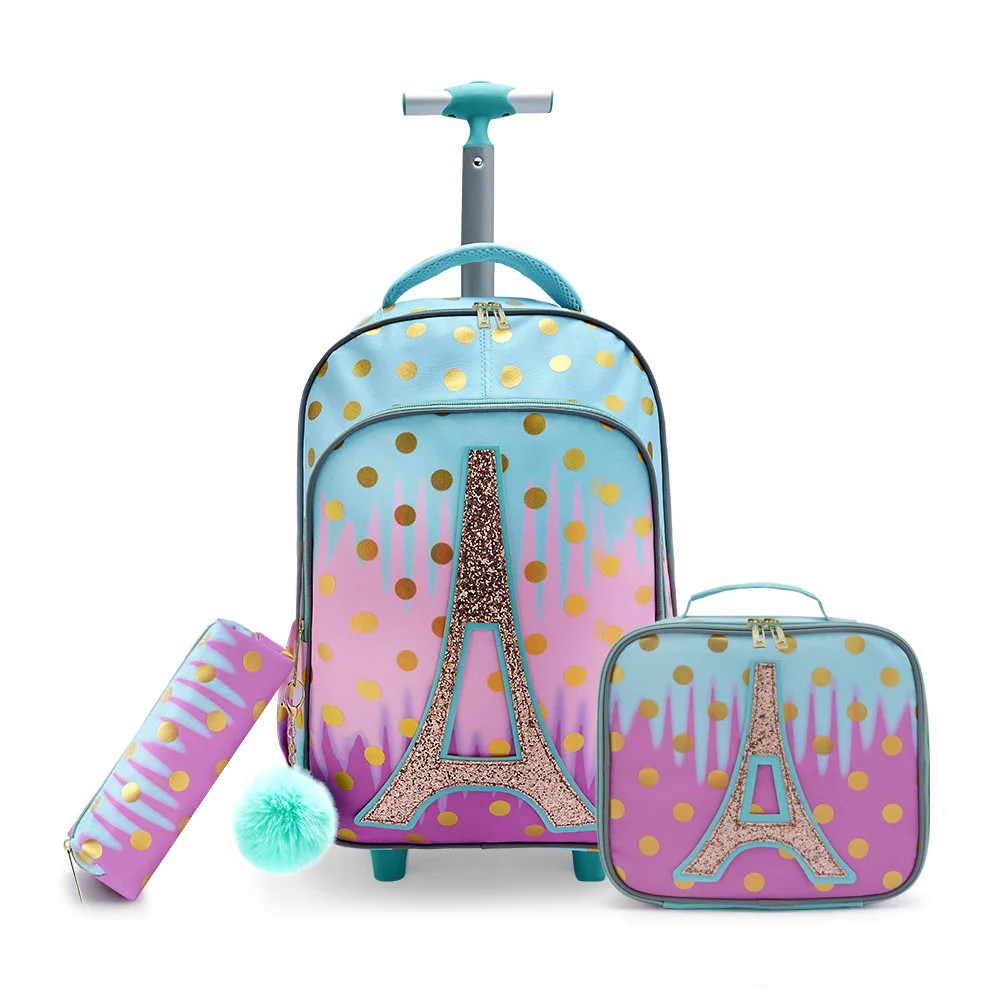3PCS Rolling Backpack for Girls Kids Wheeled School BookBag With Lunch And Pen Bag Iron Tower Pink Glow-in-the-dark Function