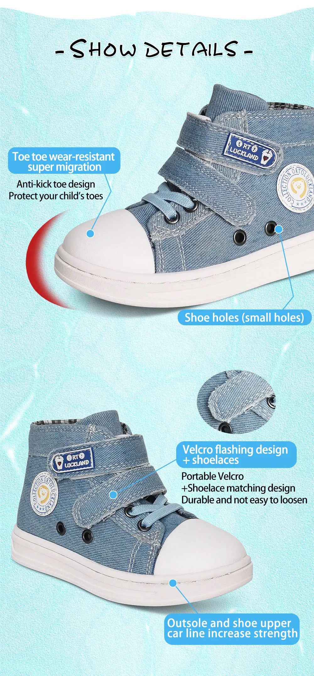 Ortoluckland Children Casual Shoes Denim Canvas Summer Spring Orthopedic Footwear For Kids Boy Girls School Runing Sporty Bootie