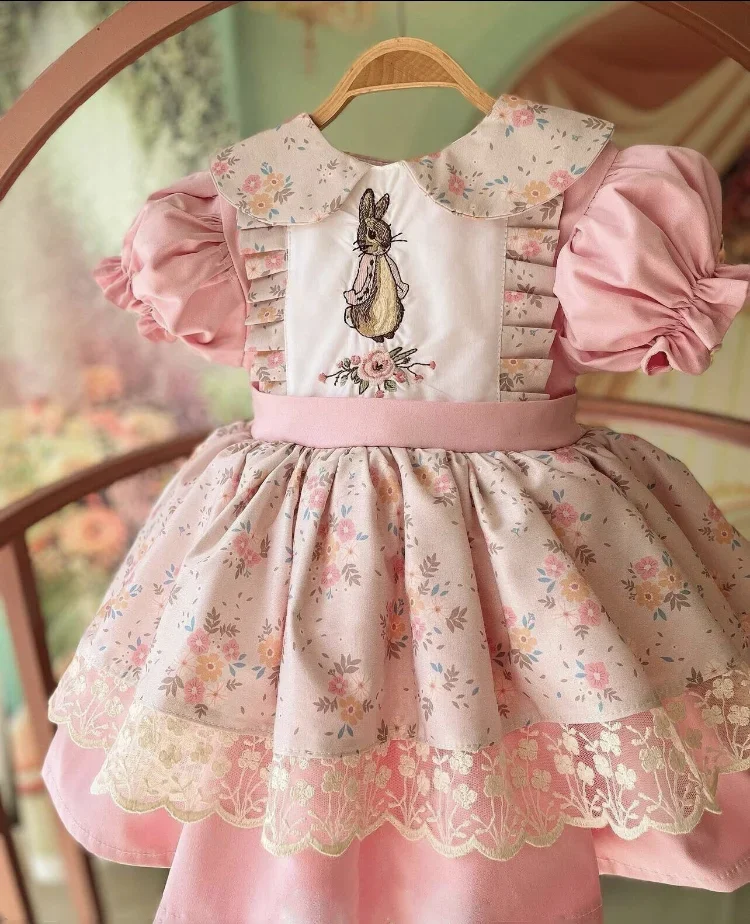0-12Y Girl Summer Rabbit Embroidery Floral Turkish Vintage Princess Pink Dress for Easter Eid Birthday Photography B178