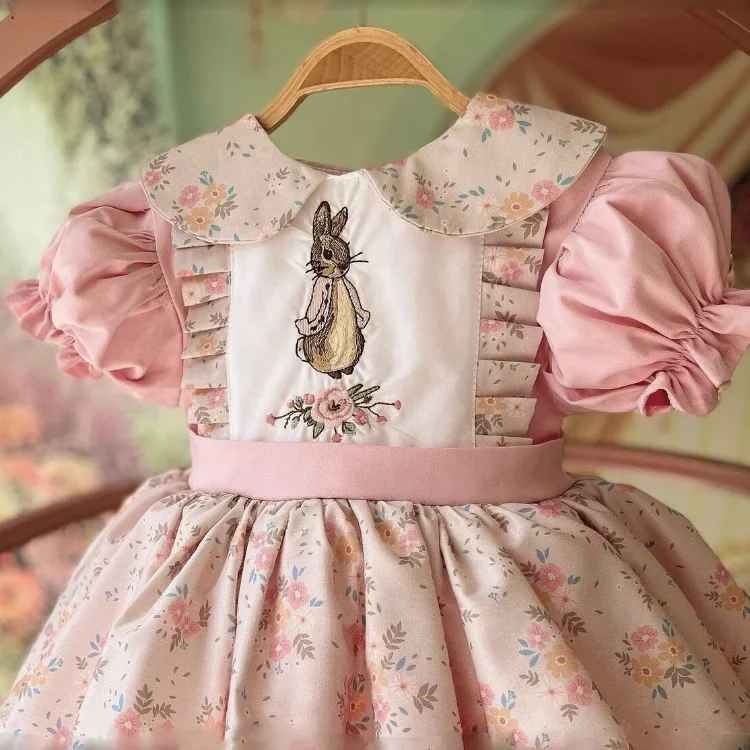 0-12Y Girl Summer Rabbit Embroidery Floral Turkish Vintage Princess Pink Dress for Easter Eid Birthday Photography B178