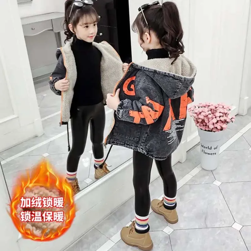 3-14 Years Teen Girls Coat Winter Plus Velvet Warm Windbreaker Jacket For Girls Parka Two Sides Wear Hooded Reversible Outerwear