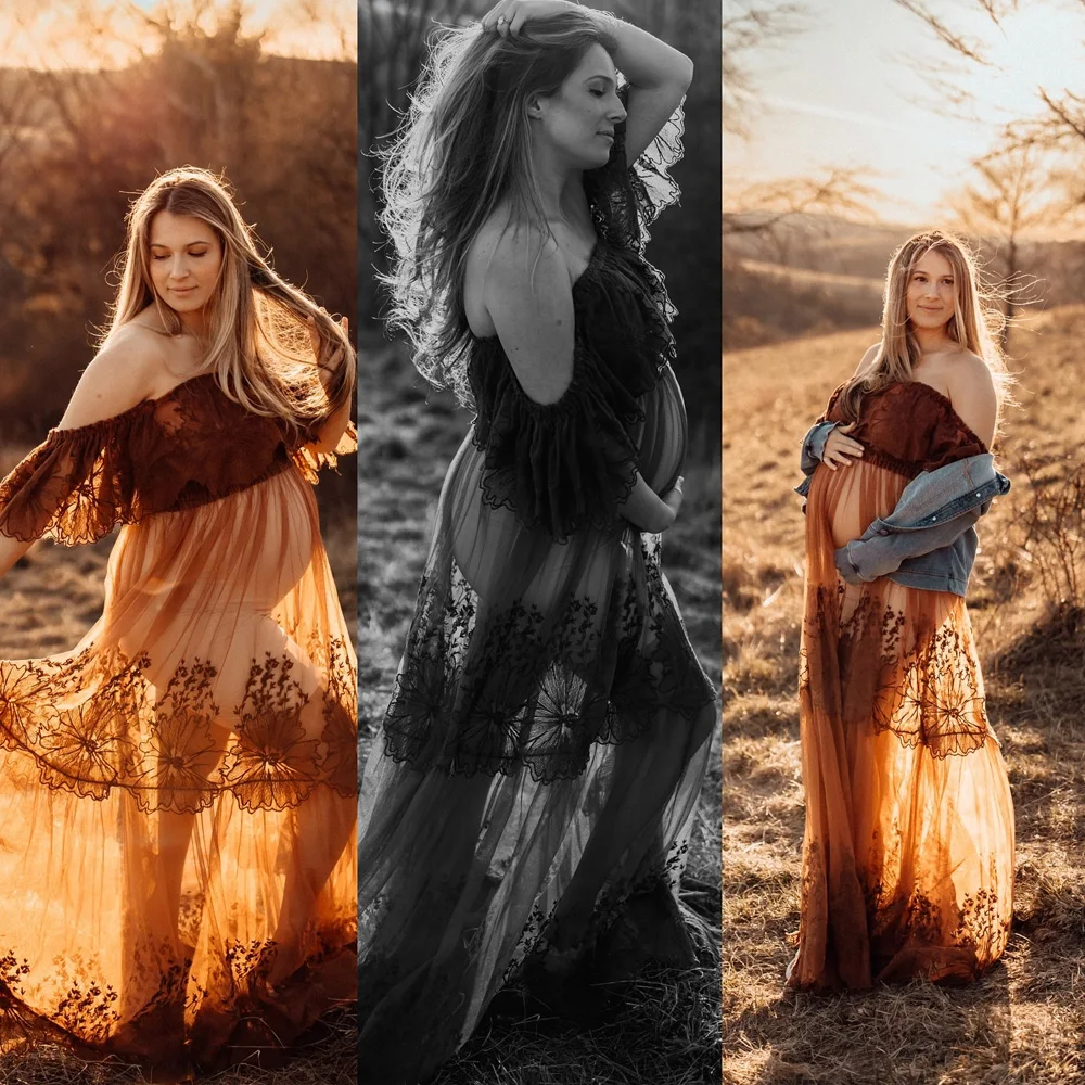 Boho Pregnant Dress Elegance 2 Piece Set Embroidered Mesh Lace Dress Baby Shower Dresses Photoshoot Photography Dress For Women
