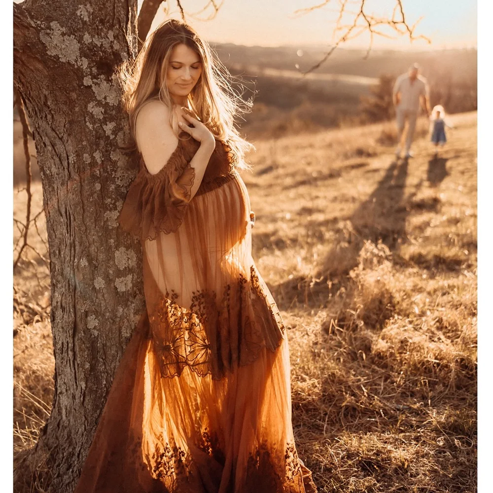 Boho Pregnant Dress Elegance 2 Piece Set Embroidered Mesh Lace Dress Baby Shower Dresses Photoshoot Photography Dress For Women