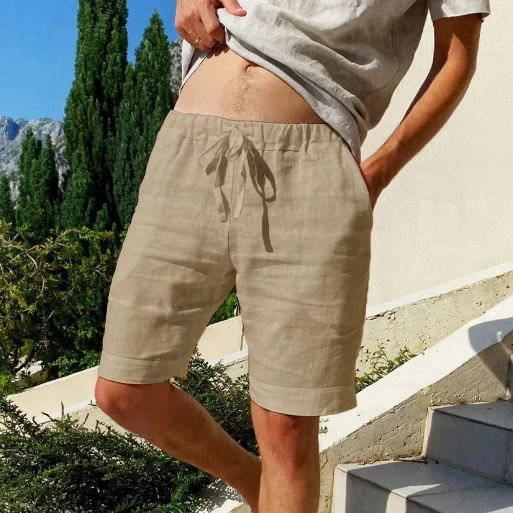 Summer New Men's Cotton Linen Breathable Shorts Hawaii Beach Pants Male Solid Color Trousers Loose Versatile Streetwear