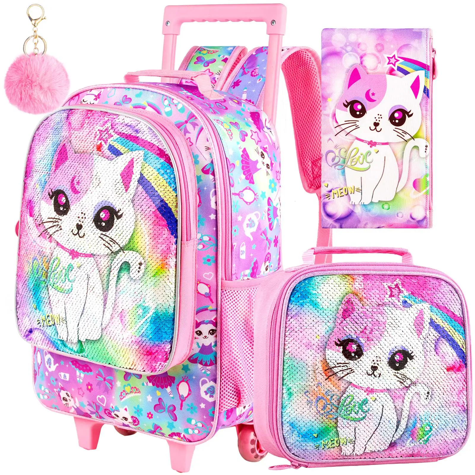 Rolling Backpack for Girls, Kids Sequins Roller School Bag with Lunch Bag, Sequins Wheeled Bookbag for Children - Pink Cat