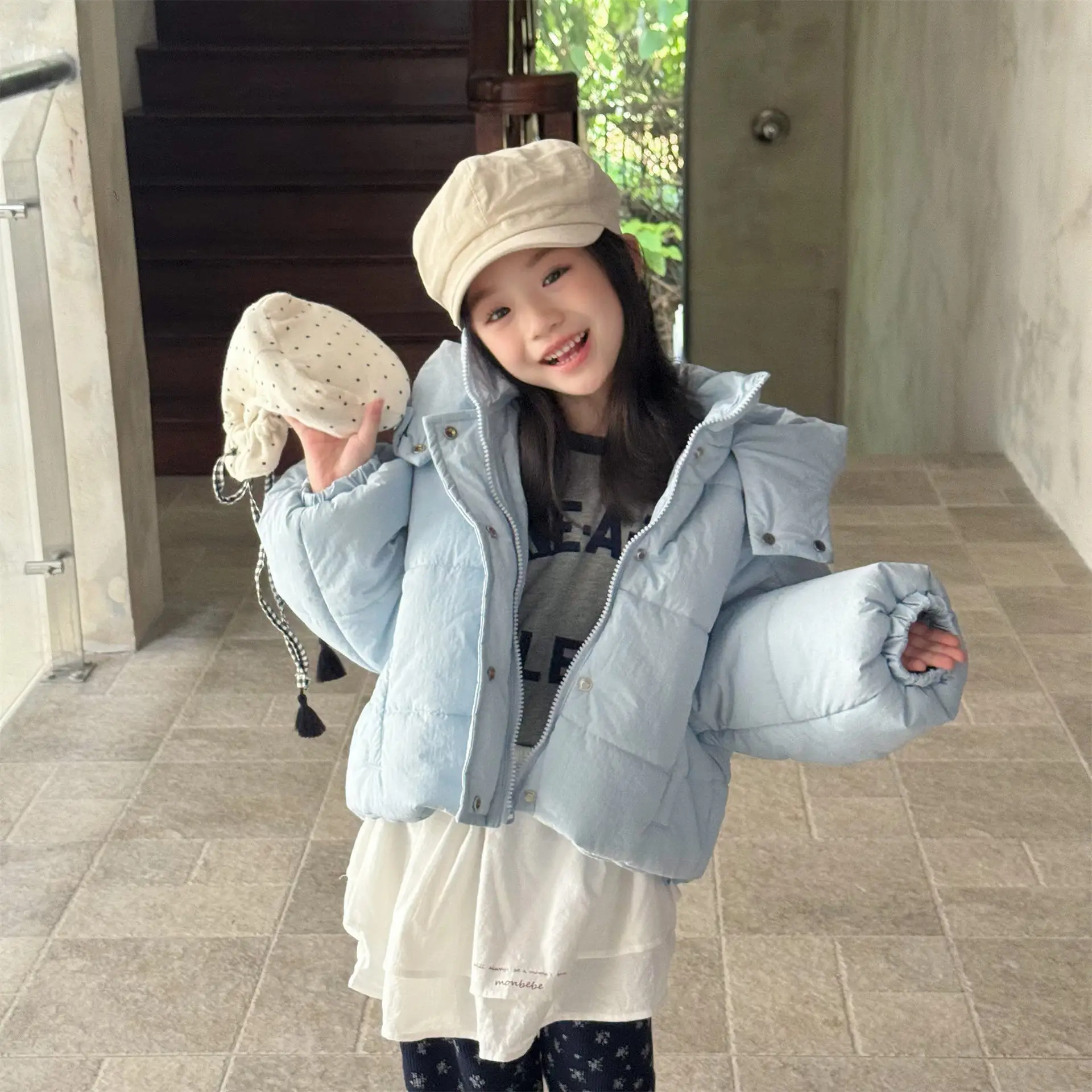 2025 Winter New Children Solid Down Jacket Boys Girls Long Sleeve Cotton Padded Jacket Kids Baby Thick Warm Hooded Coat