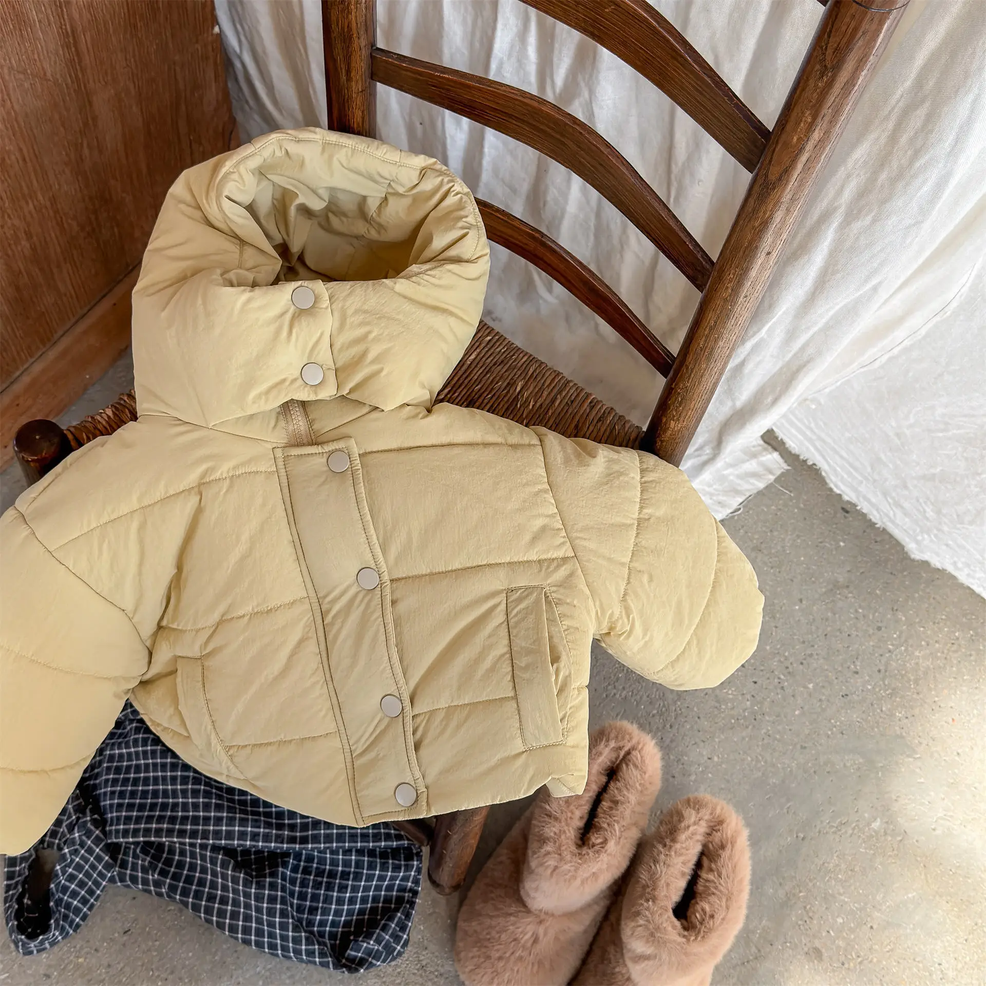 2025 Winter New Children Solid Down Jacket Boys Girls Long Sleeve Cotton Padded Jacket Kids Baby Thick Warm Hooded Coat