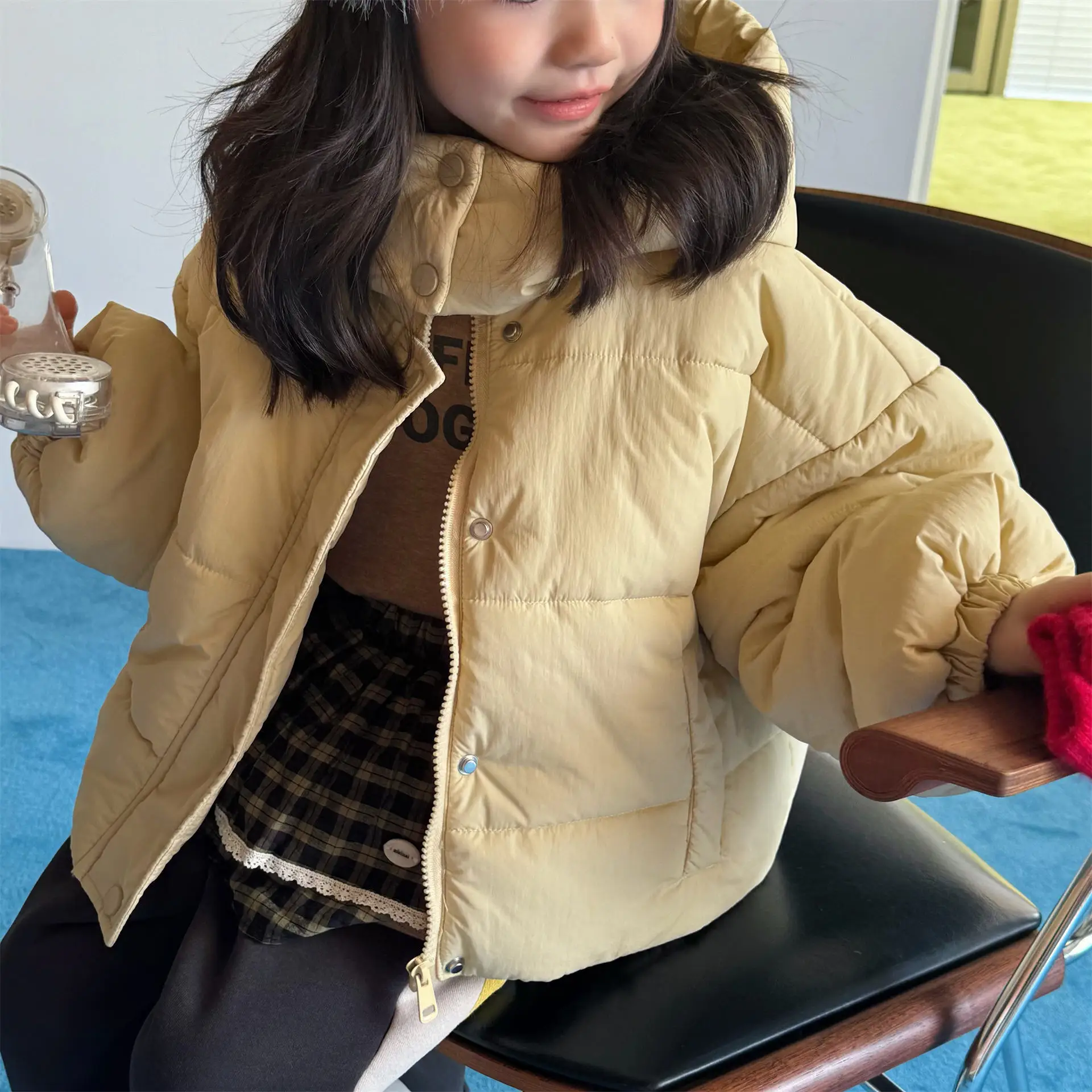 2025 Winter New Children Solid Down Jacket Boys Girls Long Sleeve Cotton Padded Jacket Kids Baby Thick Warm Hooded Coat