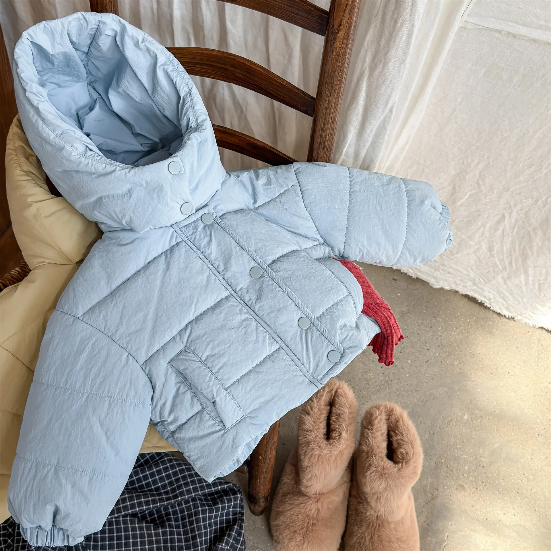2025 Winter New Children Solid Down Jacket Boys Girls Long Sleeve Cotton Padded Jacket Kids Baby Thick Warm Hooded Coat