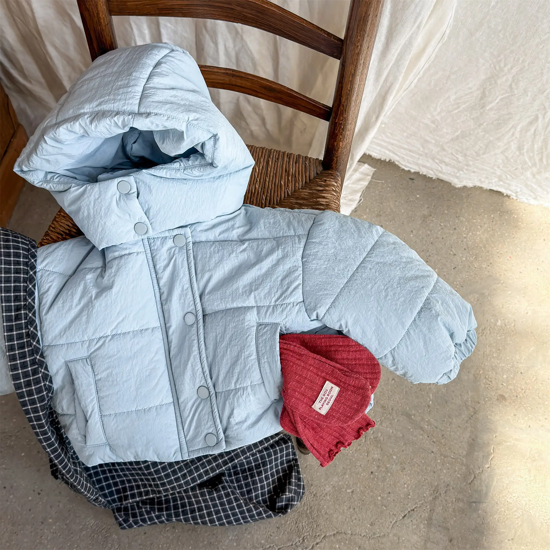 2025 Winter New Children Solid Down Jacket Boys Girls Long Sleeve Cotton Padded Jacket Kids Baby Thick Warm Hooded Coat