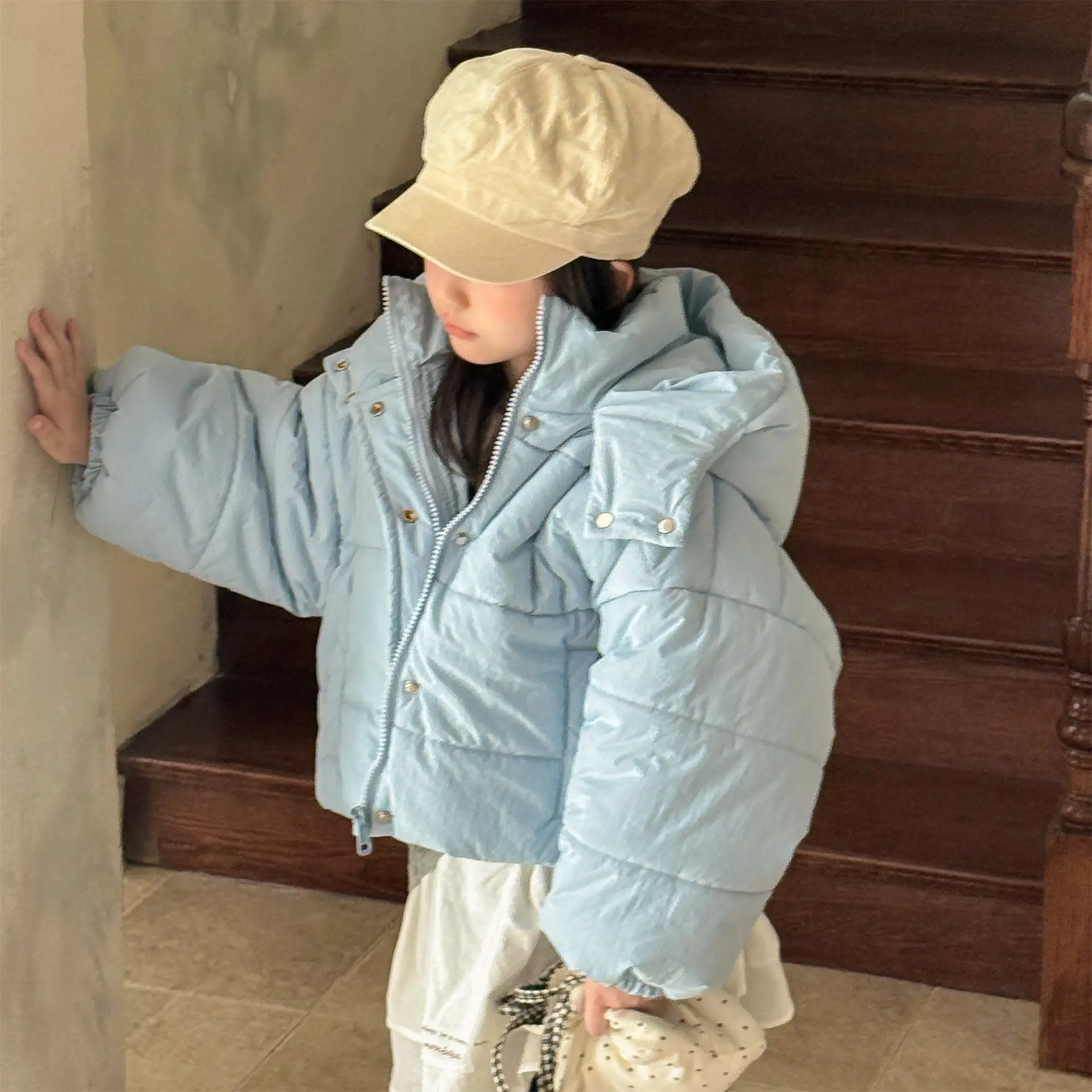 2025 Winter New Children Solid Down Jacket Boys Girls Long Sleeve Cotton Padded Jacket Kids Baby Thick Warm Hooded Coat