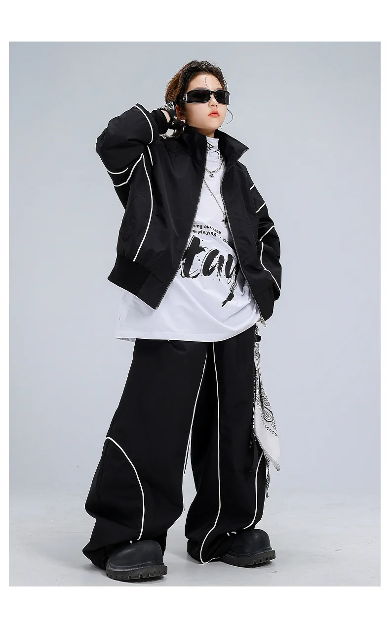 4-18 girls boys black Hip Hop Jazz Street Dance costume Set Zipper jacket wide-leg pants High neck T-shirt child clothes outfits