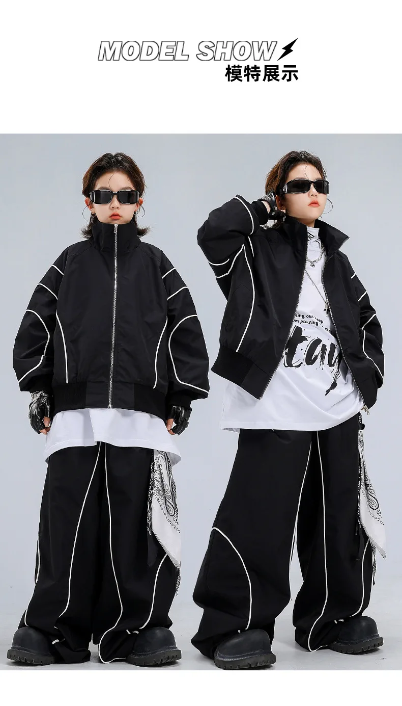 4-18 girls boys black Hip Hop Jazz Street Dance costume Set Zipper jacket wide-leg pants High neck T-shirt child clothes outfits