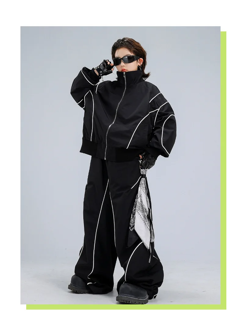 4-18 girls boys black Hip Hop Jazz Street Dance costume Set Zipper jacket wide-leg pants High neck T-shirt child clothes outfits
