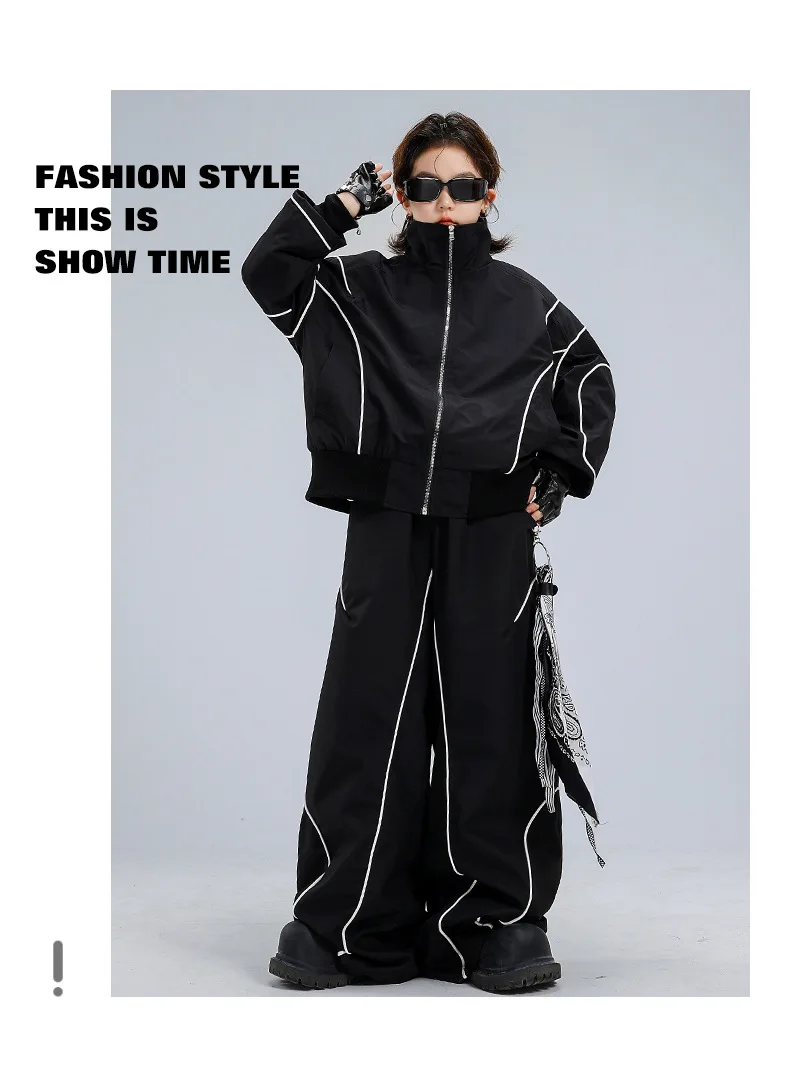 4-18 girls boys black Hip Hop Jazz Street Dance costume Set Zipper jacket wide-leg pants High neck T-shirt child clothes outfits