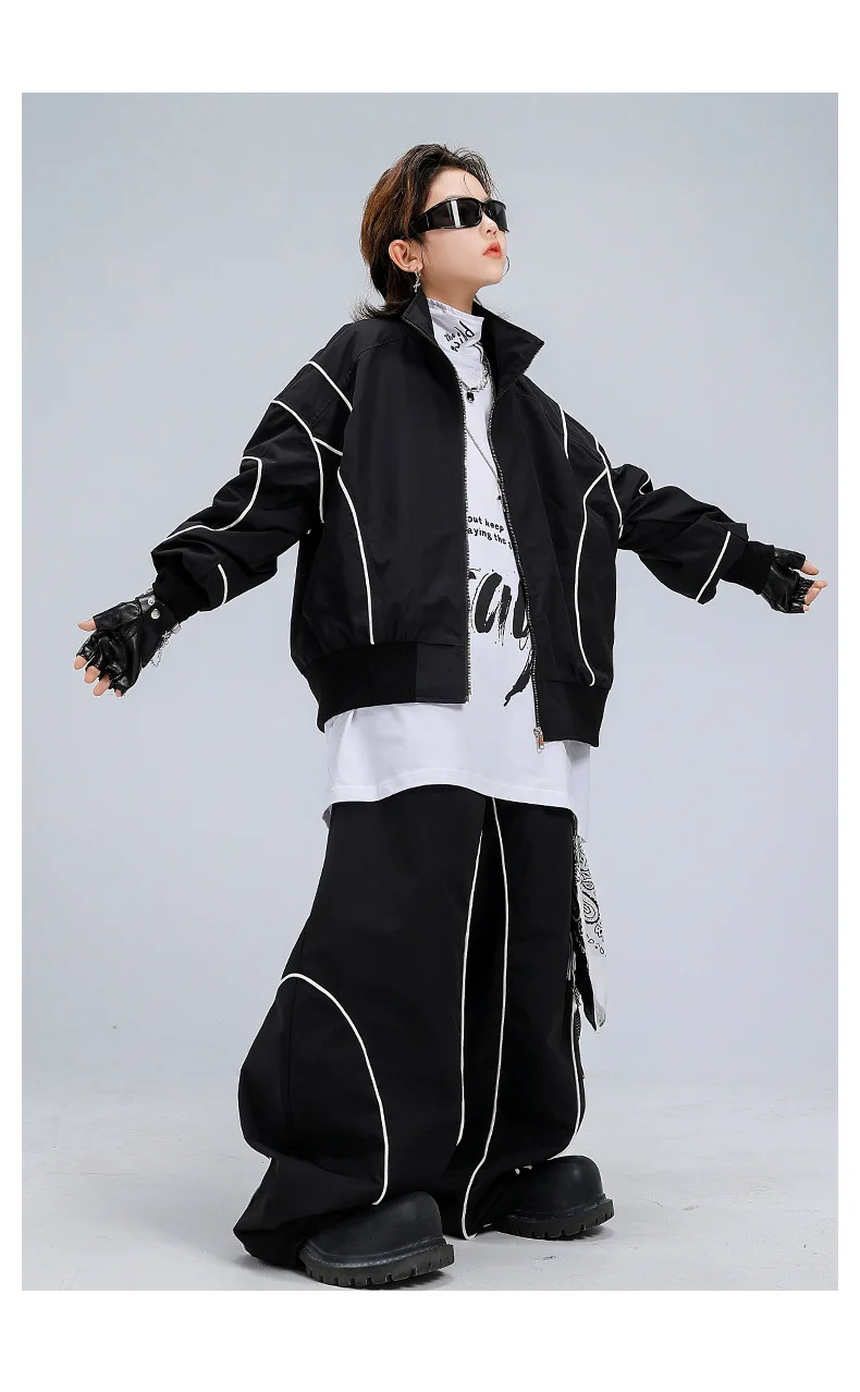 4-18 girls boys black Hip Hop Jazz Street Dance costume Set Zipper jacket wide-leg pants High neck T-shirt child clothes outfits