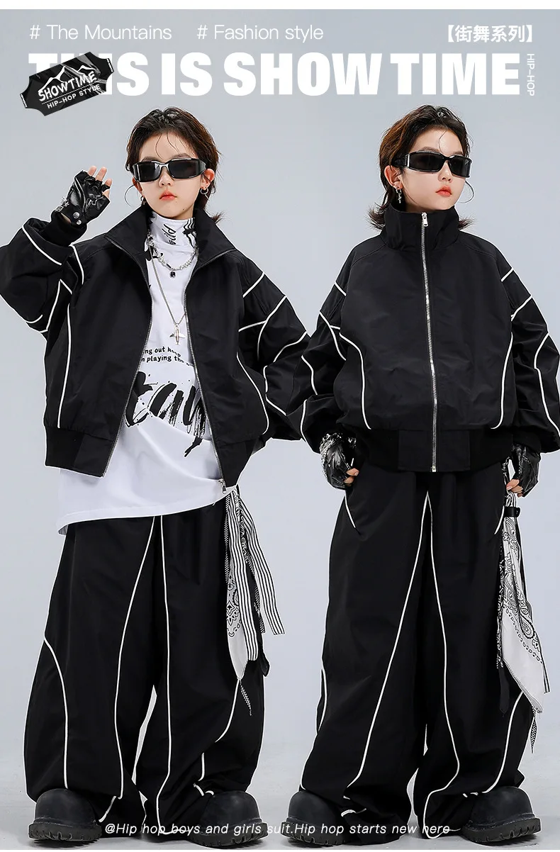4-18 girls boys black Hip Hop Jazz Street Dance costume Set Zipper jacket wide-leg pants High neck T-shirt child clothes outfits