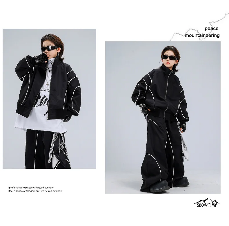 4-18 girls boys black Hip Hop Jazz Street Dance costume Set Zipper jacket wide-leg pants High neck T-shirt child clothes outfits