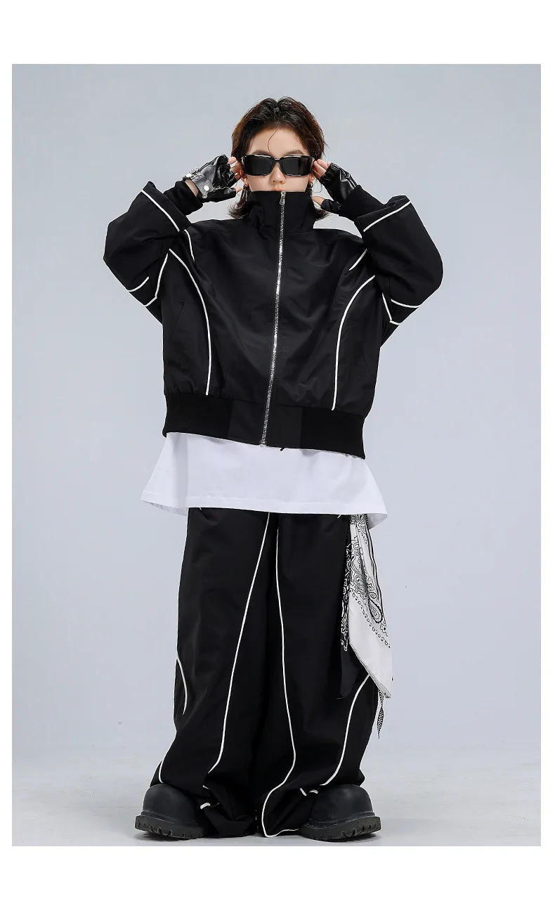 4-18 girls boys black Hip Hop Jazz Street Dance costume Set Zipper jacket wide-leg pants High neck T-shirt child clothes outfits