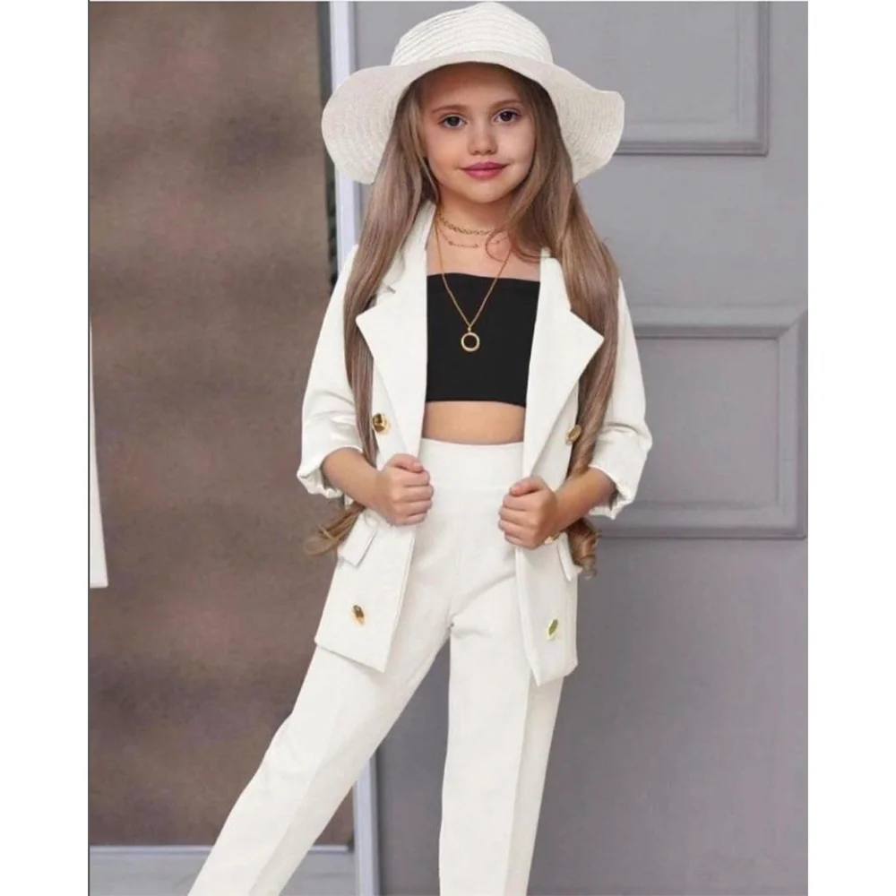 Chic Girl Suits 2 Pieces Fashion Double Breasted Notch Lapel Clothes Formal High Quality Solid Color Kids Suits (Blazer+Pants)