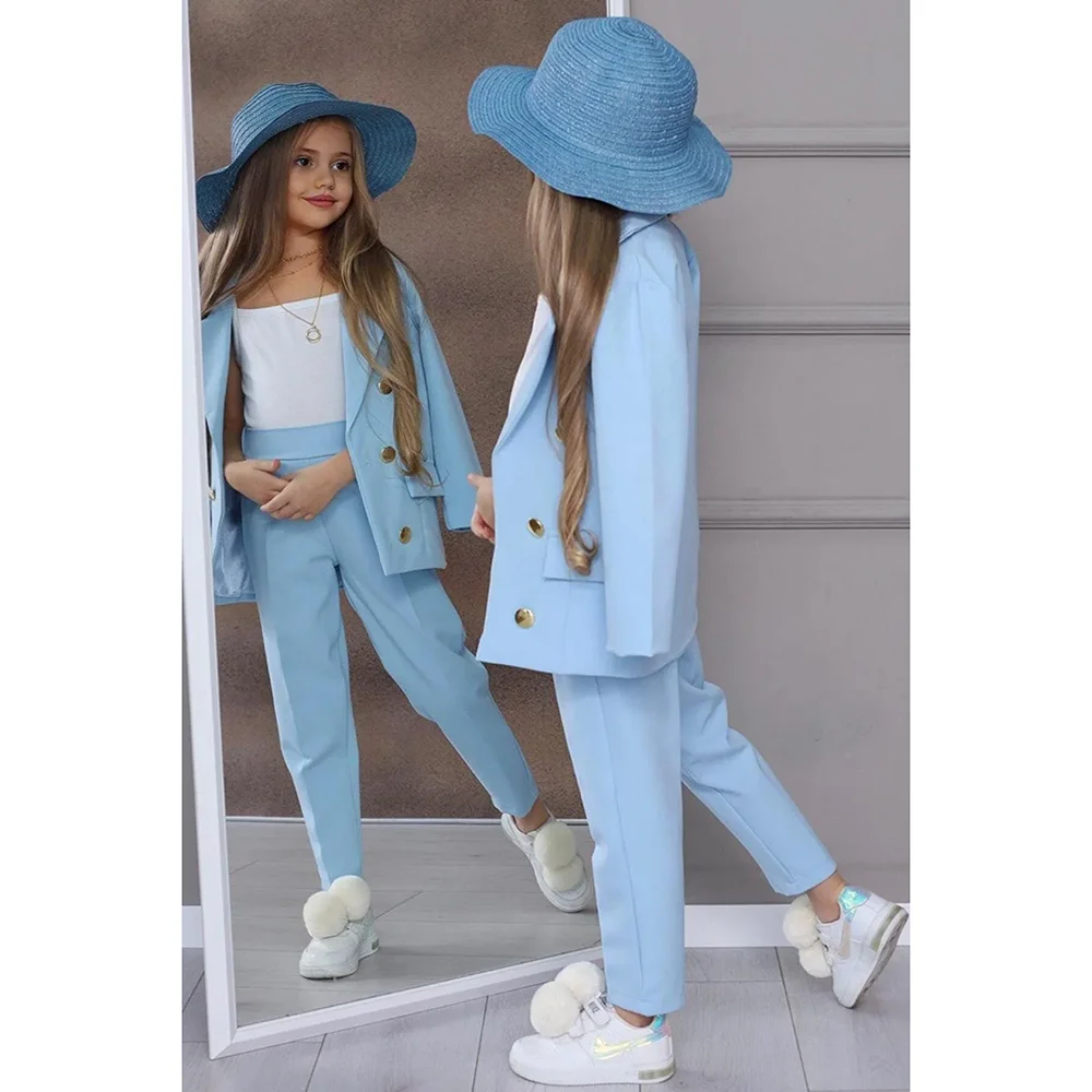 Chic Girl Suits 2 Pieces Fashion Double Breasted Notch Lapel Clothes Formal High Quality Solid Color Kids Suits (Blazer+Pants)