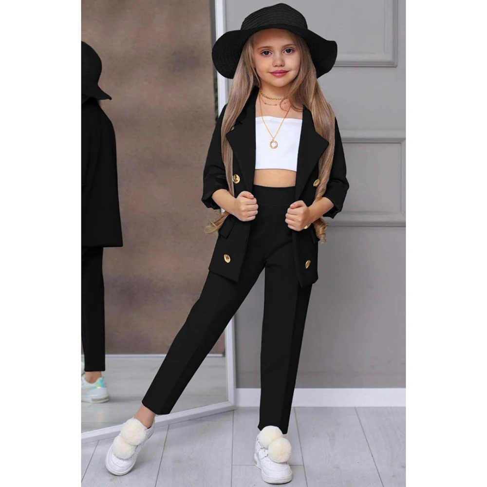 Chic Girl Suits 2 Pieces Fashion Double Breasted Notch Lapel Clothes Formal High Quality Solid Color Kids Suits (Blazer+Pants)