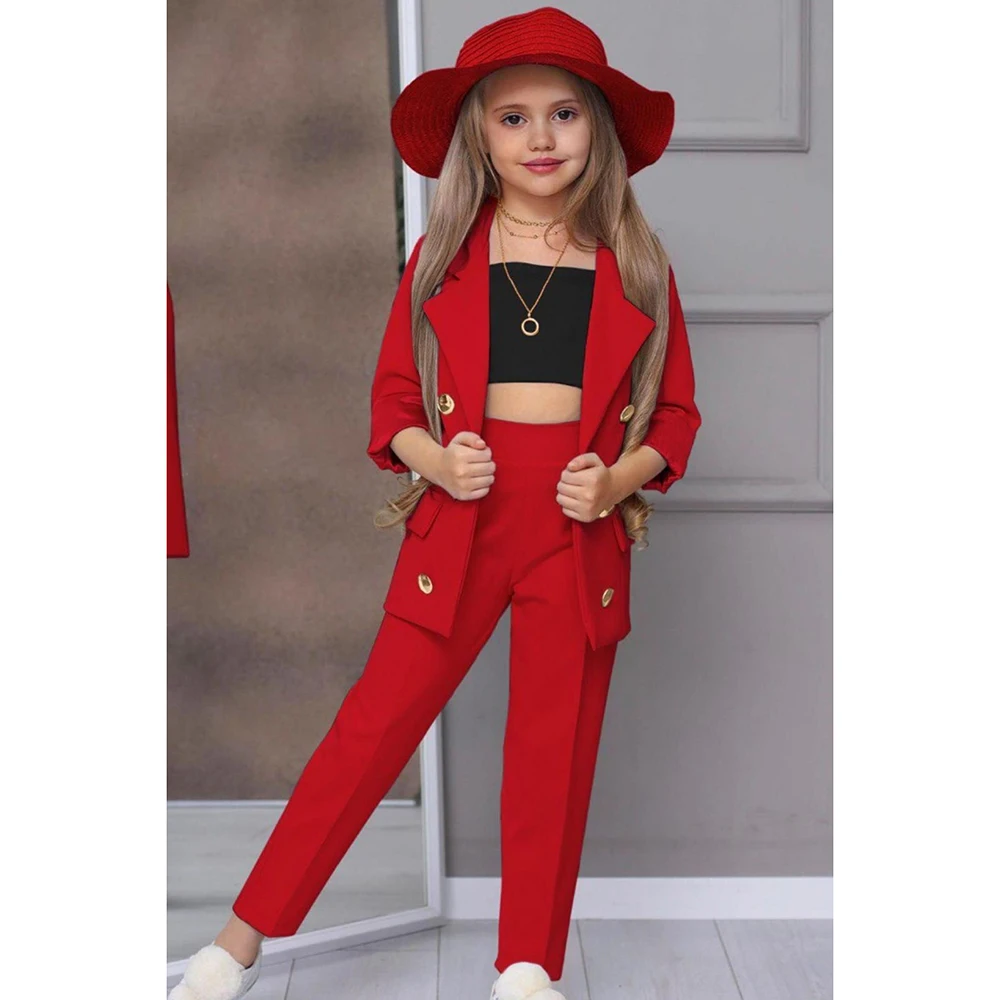Chic Girl Suits 2 Pieces Fashion Double Breasted Notch Lapel Clothes Formal High Quality Solid Color Kids Suits (Blazer+Pants)