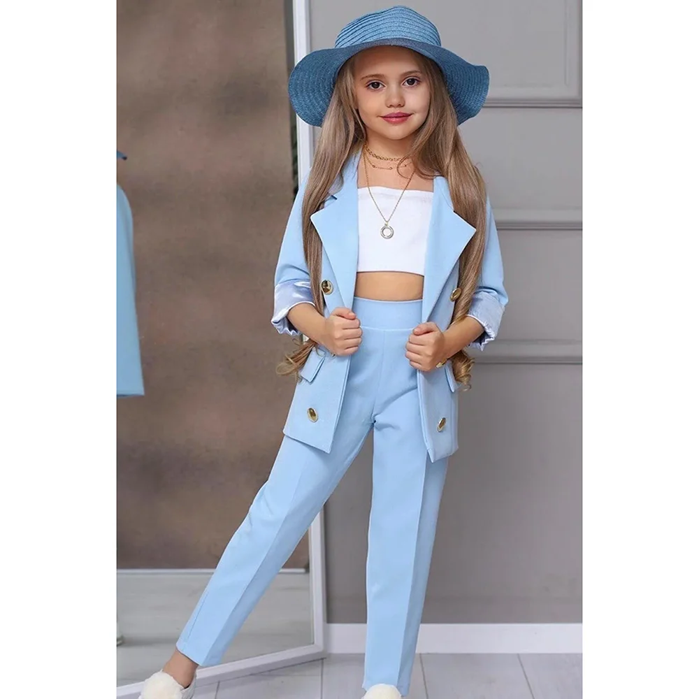 Chic Girl Suits 2 Pieces Fashion Double Breasted Notch Lapel Clothes Formal High Quality Solid Color Kids Suits (Blazer+Pants)