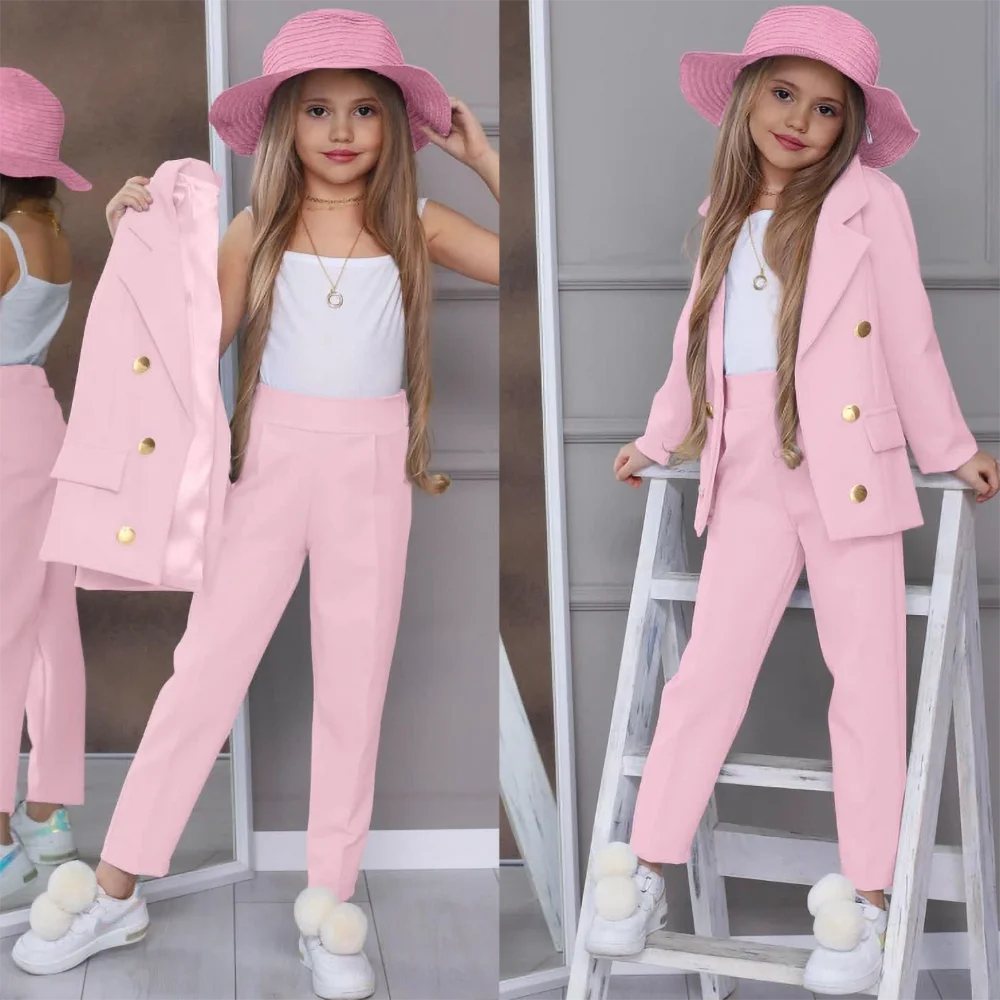 Chic Girl Suits 2 Pieces Fashion Double Breasted Notch Lapel Clothes Formal High Quality Solid Color Kids Suits (Blazer+Pants)