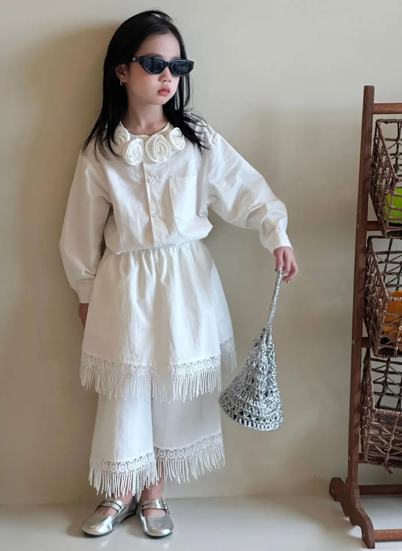 Girls Clothing Set White Elegant Vintage Floral Collar Blouse Fringe Hem Culottes 2-piece Autumn Teen Kids Bohemian Outfits 12 Y