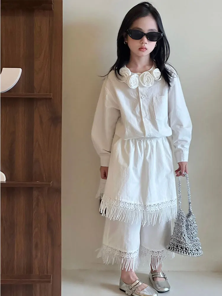 Girls Clothing Set White Elegant Vintage Floral Collar Blouse Fringe Hem Culottes 2-piece Autumn Teen Kids Bohemian Outfits 12 Y