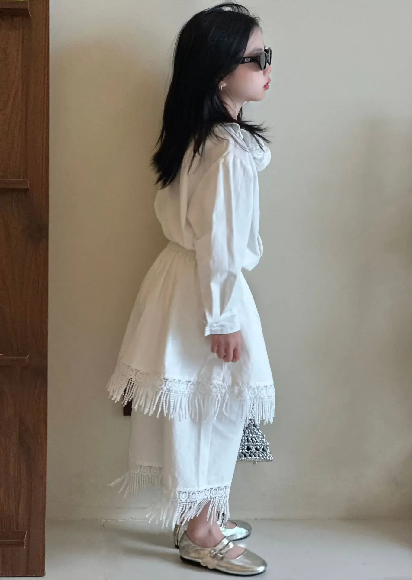 Girls Clothing Set White Elegant Vintage Floral Collar Blouse Fringe Hem Culottes 2-piece Autumn Teen Kids Bohemian Outfits 12 Y