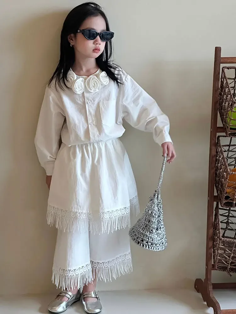 Girls Clothing Set White Elegant Vintage Floral Collar Blouse Fringe Hem Culottes 2-piece Autumn Teen Kids Bohemian Outfits 12 Y