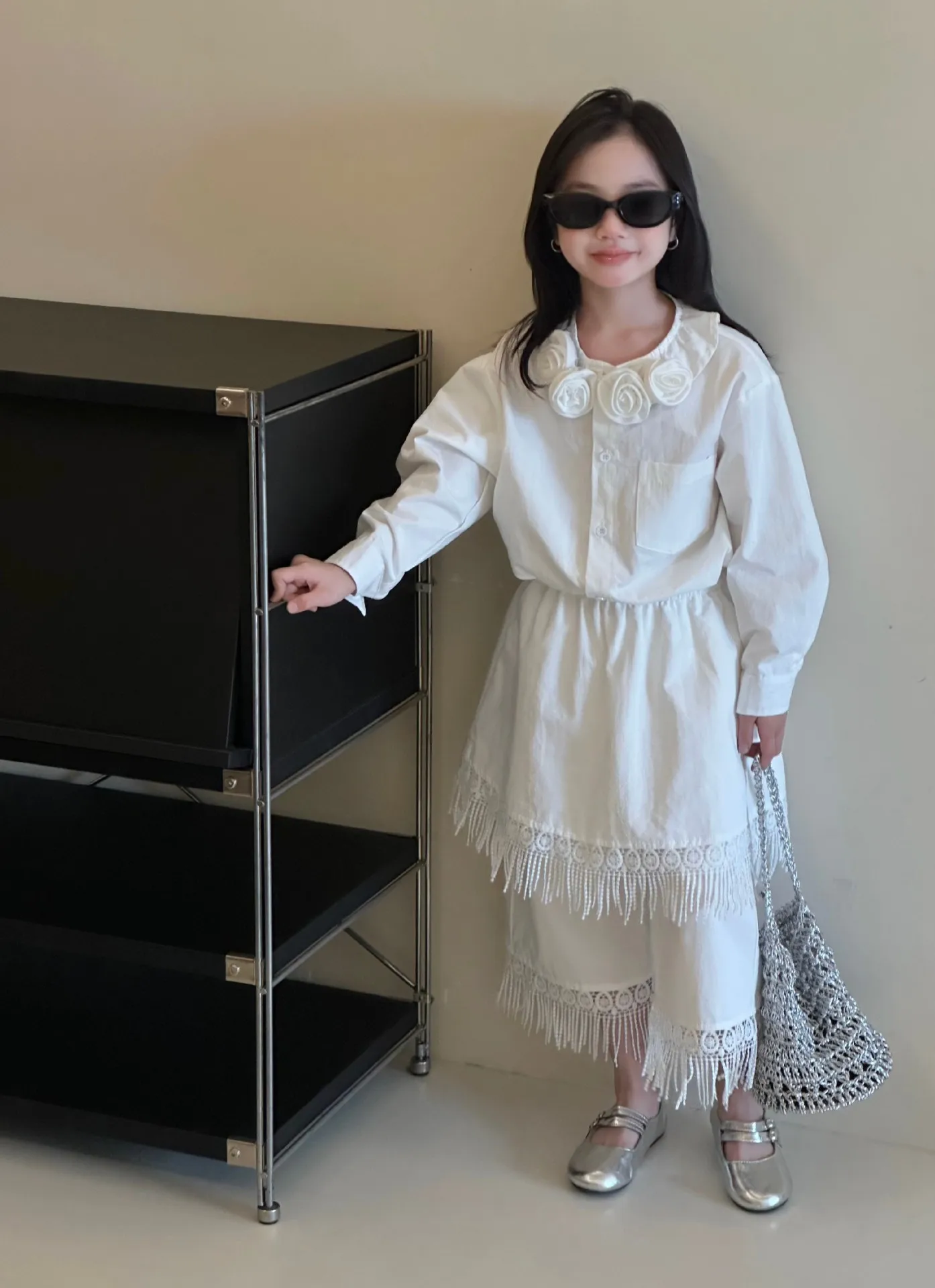 Girls Clothing Set White Elegant Vintage Floral Collar Blouse Fringe Hem Culottes 2-piece Autumn Teen Kids Bohemian Outfits 12 Y