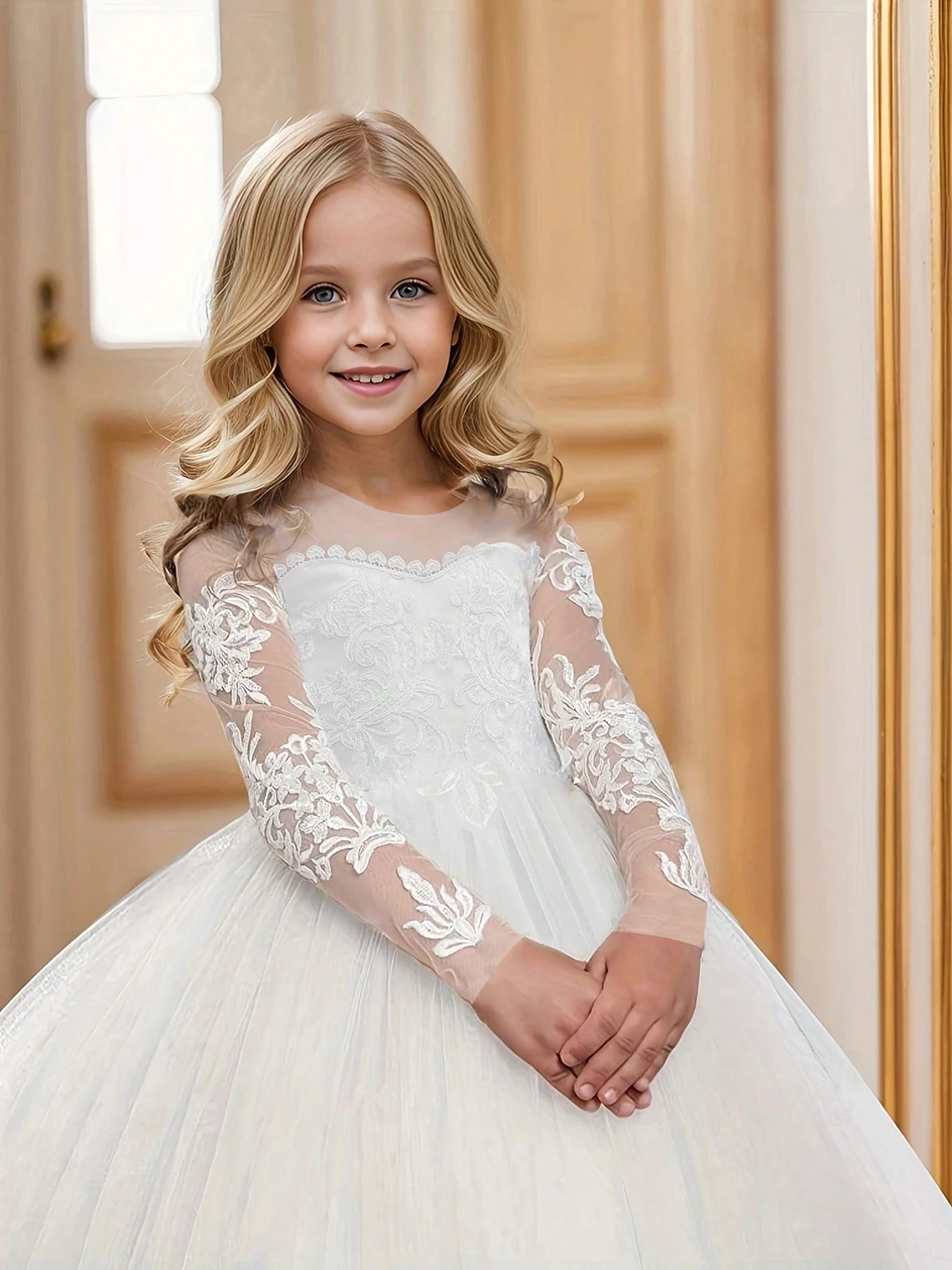Lace Embroidered Tulle Long-Sleeved Children's Train Flower Girl Dress