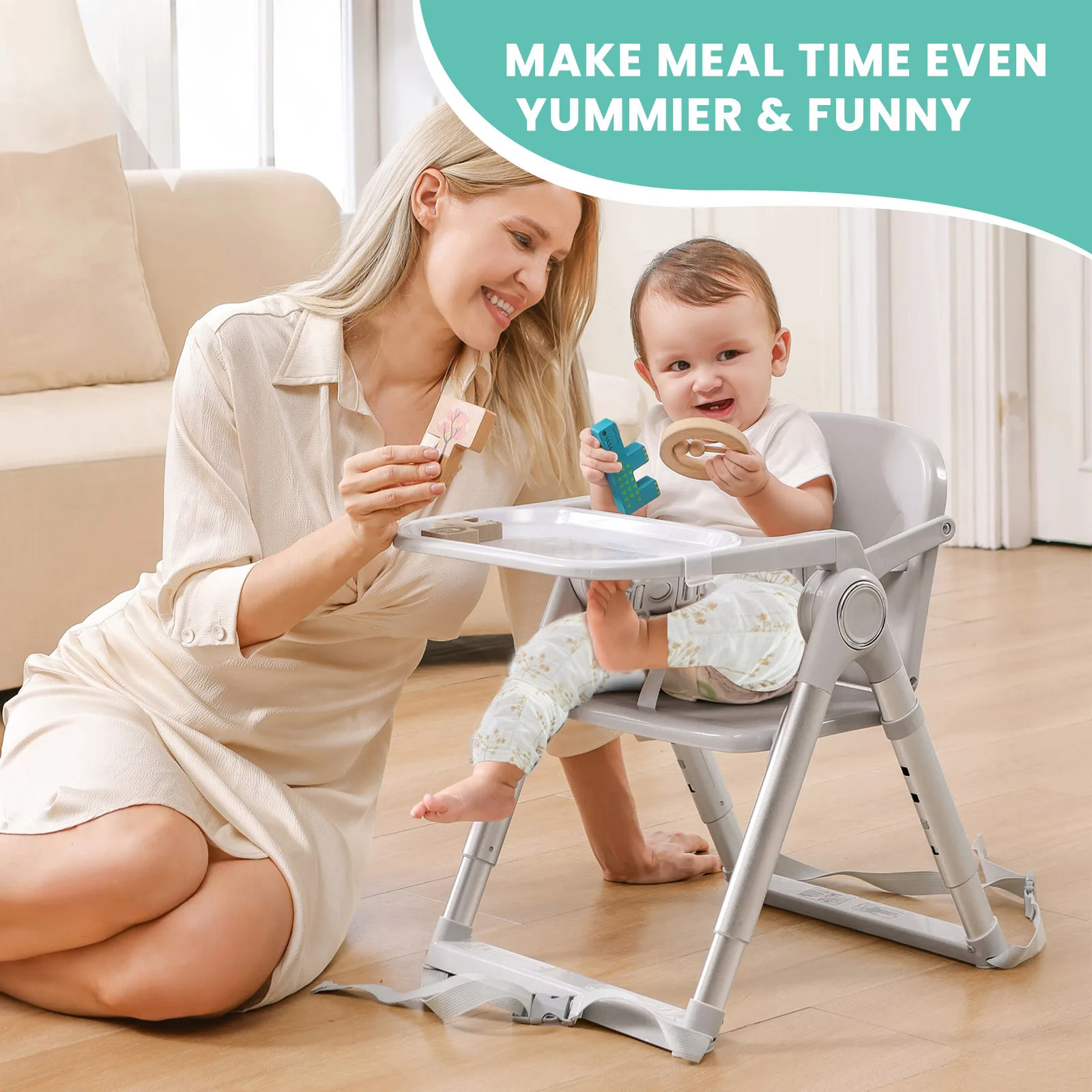 3-in-1 Portable Booster Seat Dining, Adjustable Foldable High Chair with Double-Layer Dinner Plate, Convertible High Chair(Grey)