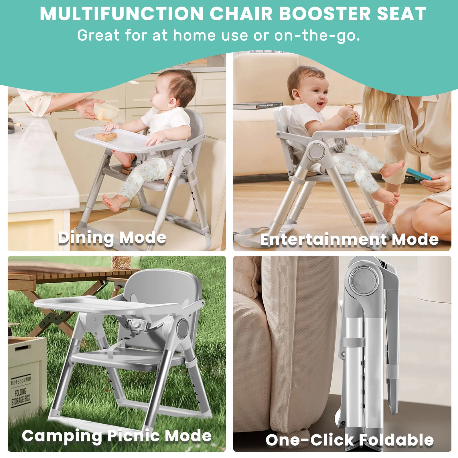 3-in-1 Portable Booster Seat Dining, Adjustable Foldable High Chair with Double-Layer Dinner Plate, Convertible High Chair(Grey)