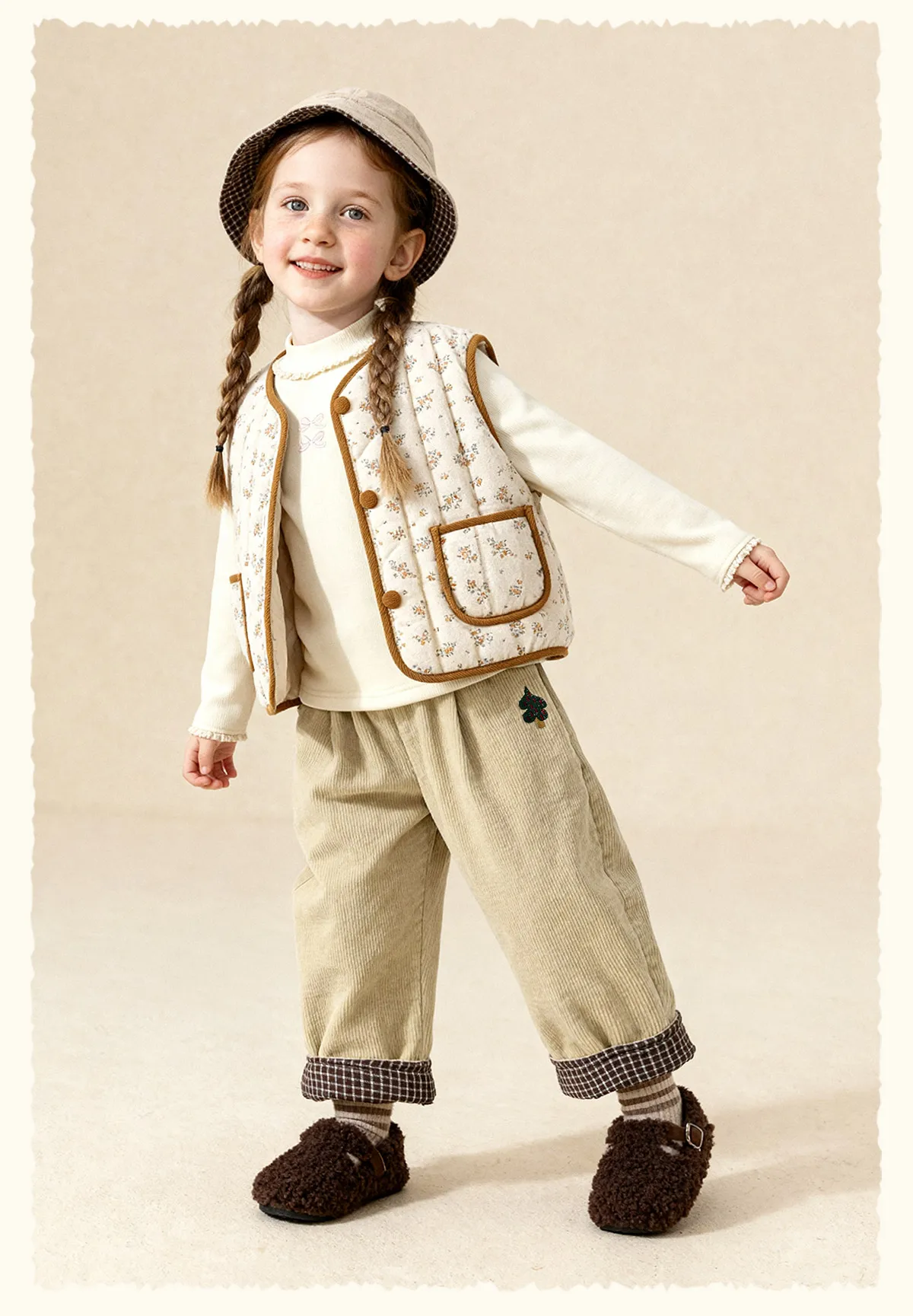 Amila Kids 2026 Children's Winter Loose Casual Pants Solid Color Fabric Inner Plaid Splicing Casual Retro Warmth