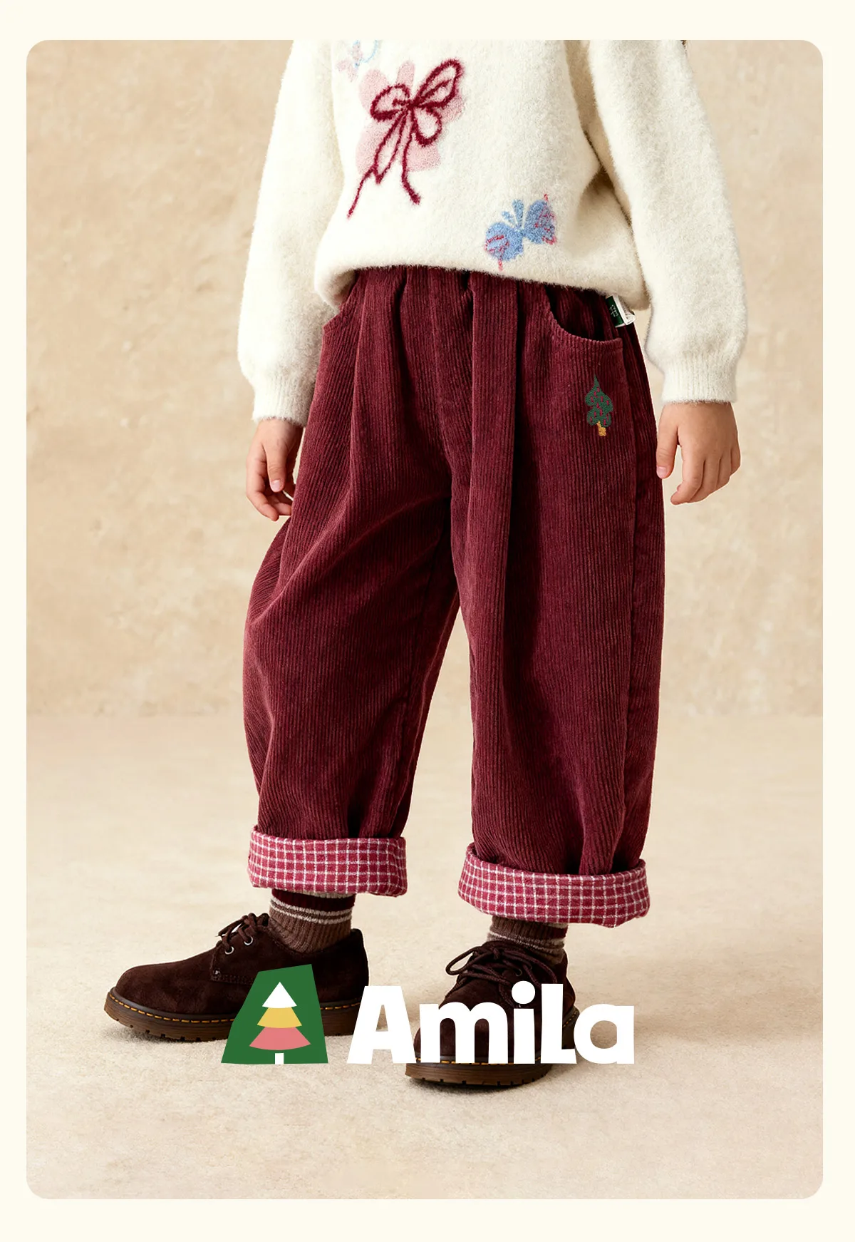 Amila Kids 2026 Children's Winter Loose Casual Pants Solid Color Fabric Inner Plaid Splicing Casual Retro Warmth